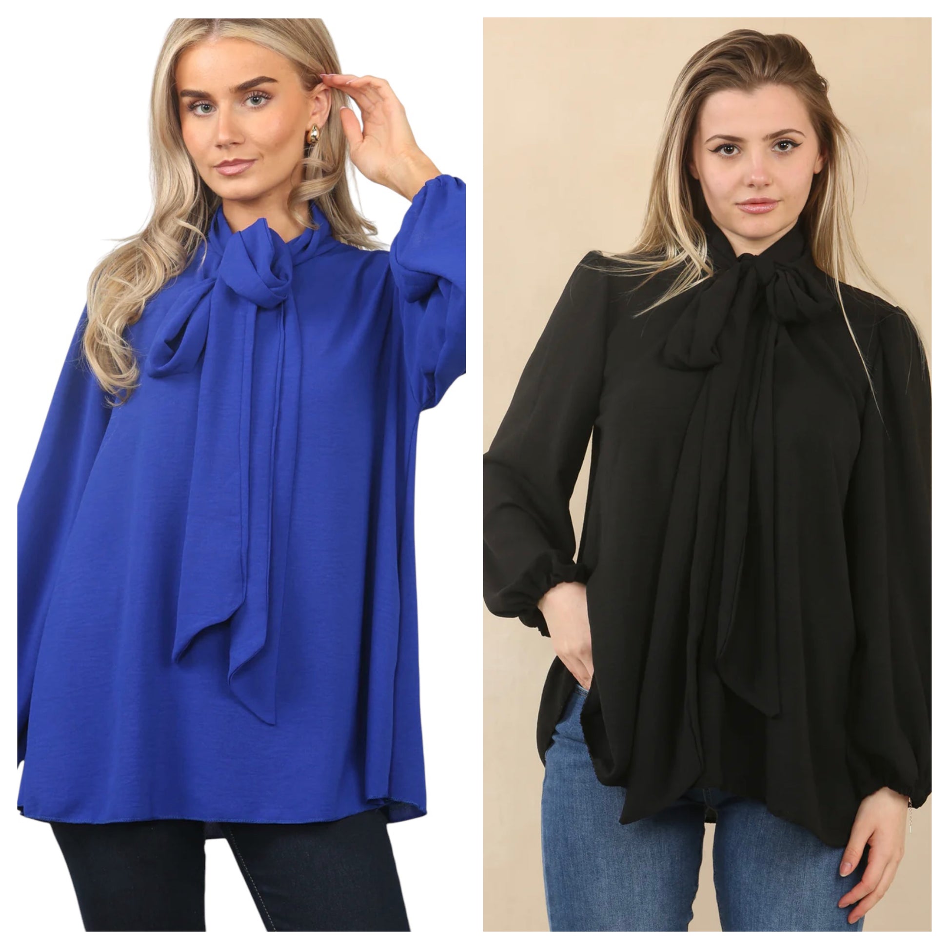 Two models one wearing a Royal Blue and one wearing a Black Pussy Bow Tie Neck Blouse