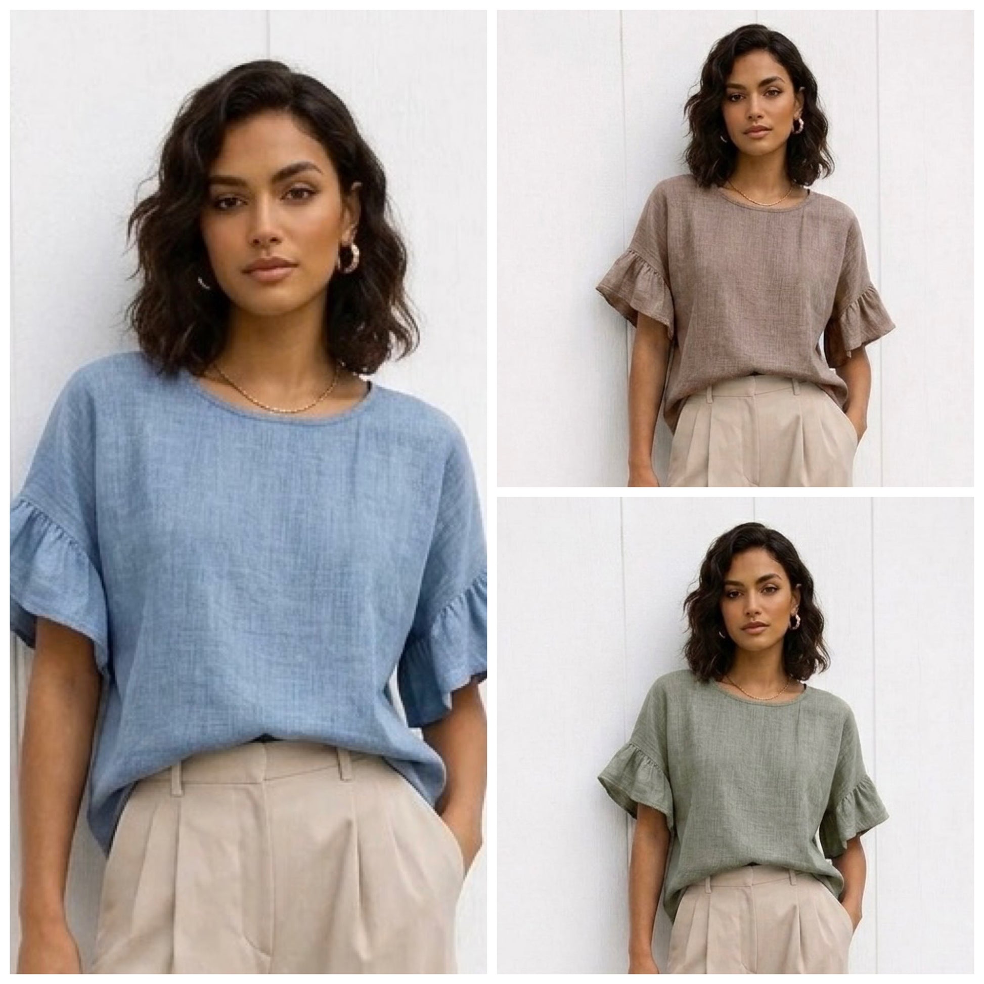 Woman wearing different colored tops in a collage format.
