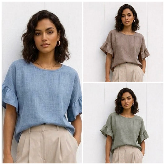 Woman wearing different colored tops in a collage format.