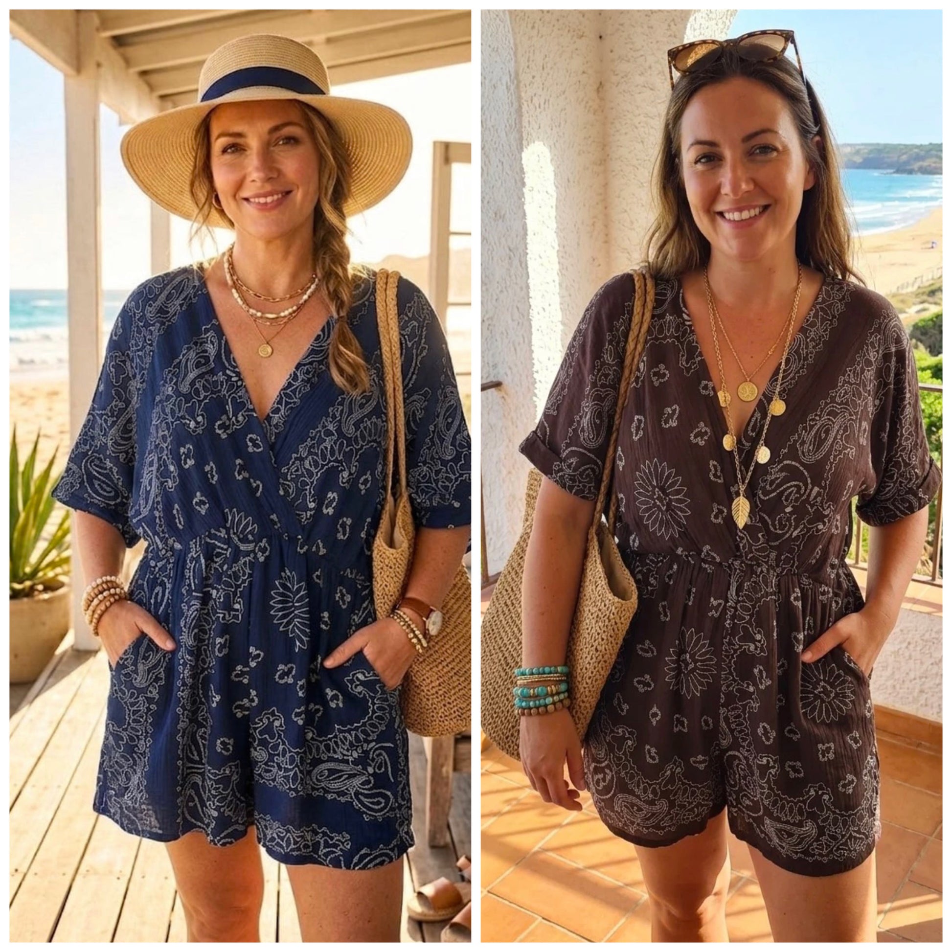 Women in Short Sleeve Paisley Print Playsuits. One in Navy and one in Brown on a beach background 