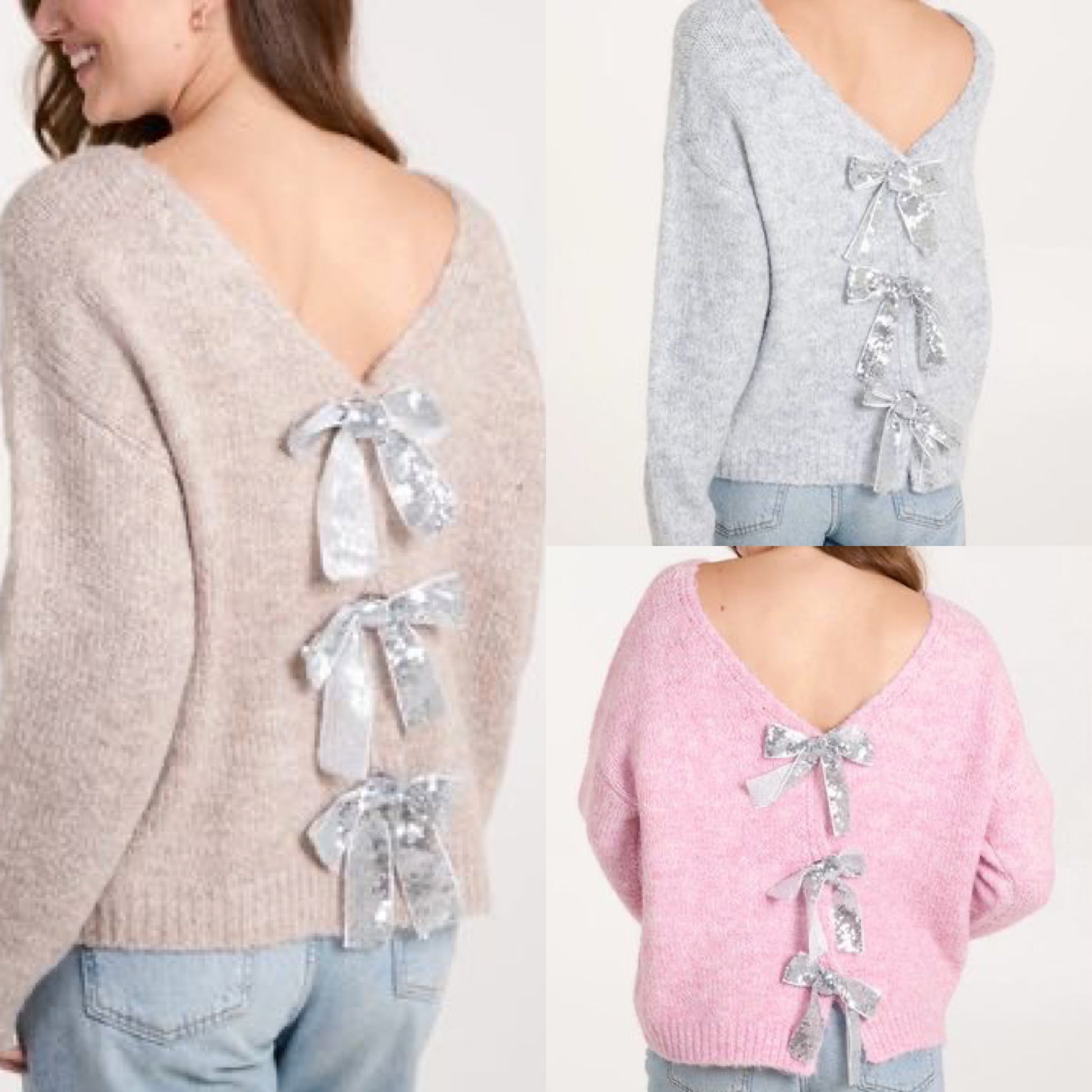 Three Silver Sequin Bow 2 In 1 Jumper/Cardigans one of each in grey, Pink and brown with decorative bows on the back worn by models against a white background.