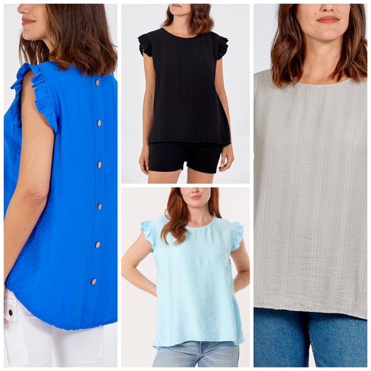A four-panel collage showing women modeling tops: a bright blue sleeveless top with back buttons on the left, a black short-sleeve top with ruffle trim in the center top, a light blue ruffle-sleeve top in the center bottom, and a mocha textured top on the right.