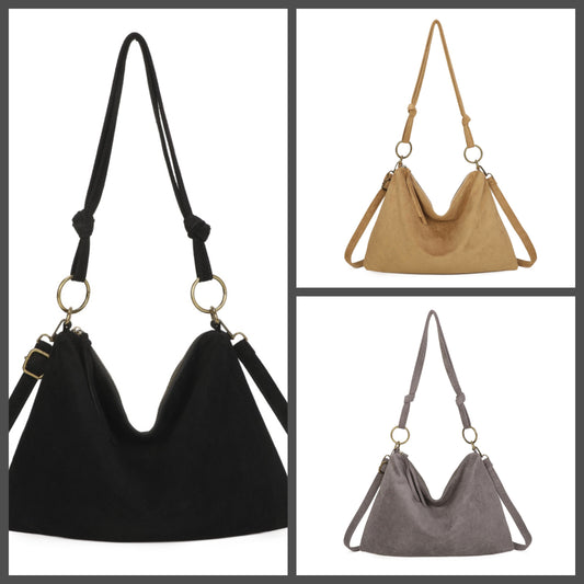 Three slouchy shoulder bags shown in a collage on a white background with dark gray borders: one black bag on the left, one tan/beige bag in the top right, and one gray bag in the bottom right. Each bag has a long strap, knot detail, and gold-tone hardware.