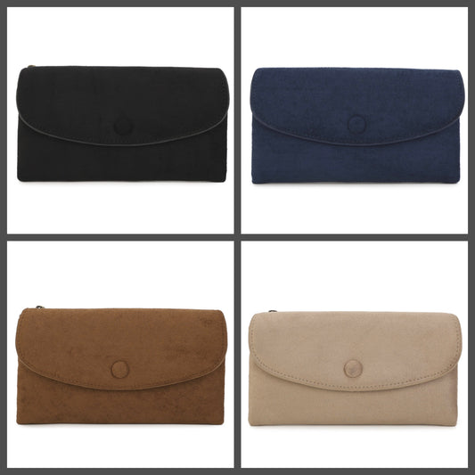 Four suede-style clutch or wallet-style pouches arranged in a 2x2 grid on a white background with gray dividers. The top-left is black, the top-right is navy blue, the bottom-left is medium brown, and the bottom-right is light beige.