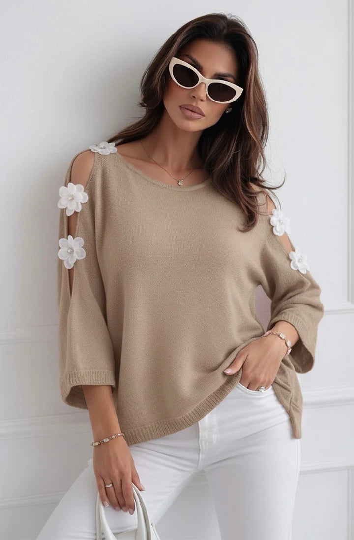 Woman in Stone Floral Appliqué Cold Shoulder Lightweight Open-Knit Top on white background 