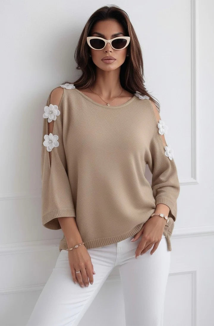Woman in Stone Floral Appliqué Cold Shoulder Lightweight Open-Knit Top on white background 