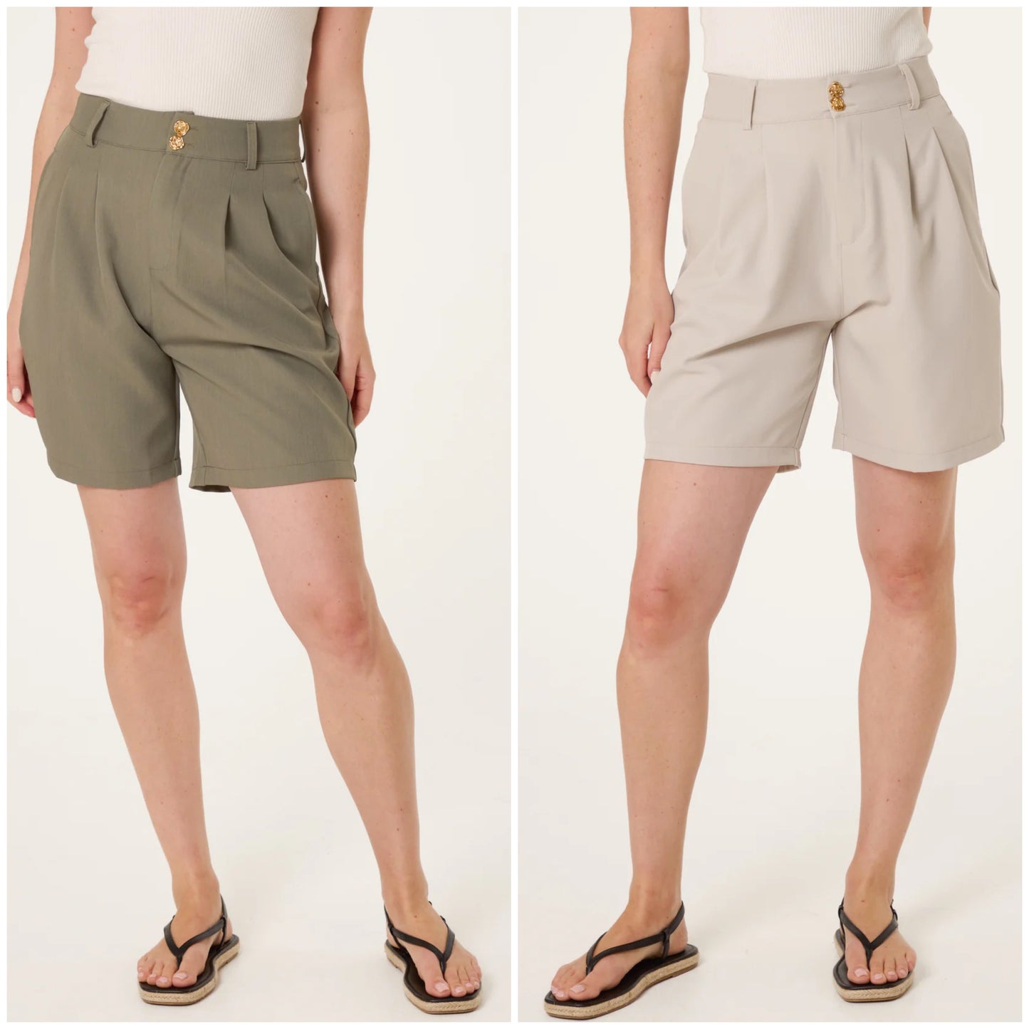 Two pairs of High Waisted Tailored Shorts, one khaki green and one beige stone, worn by a person on a white background.