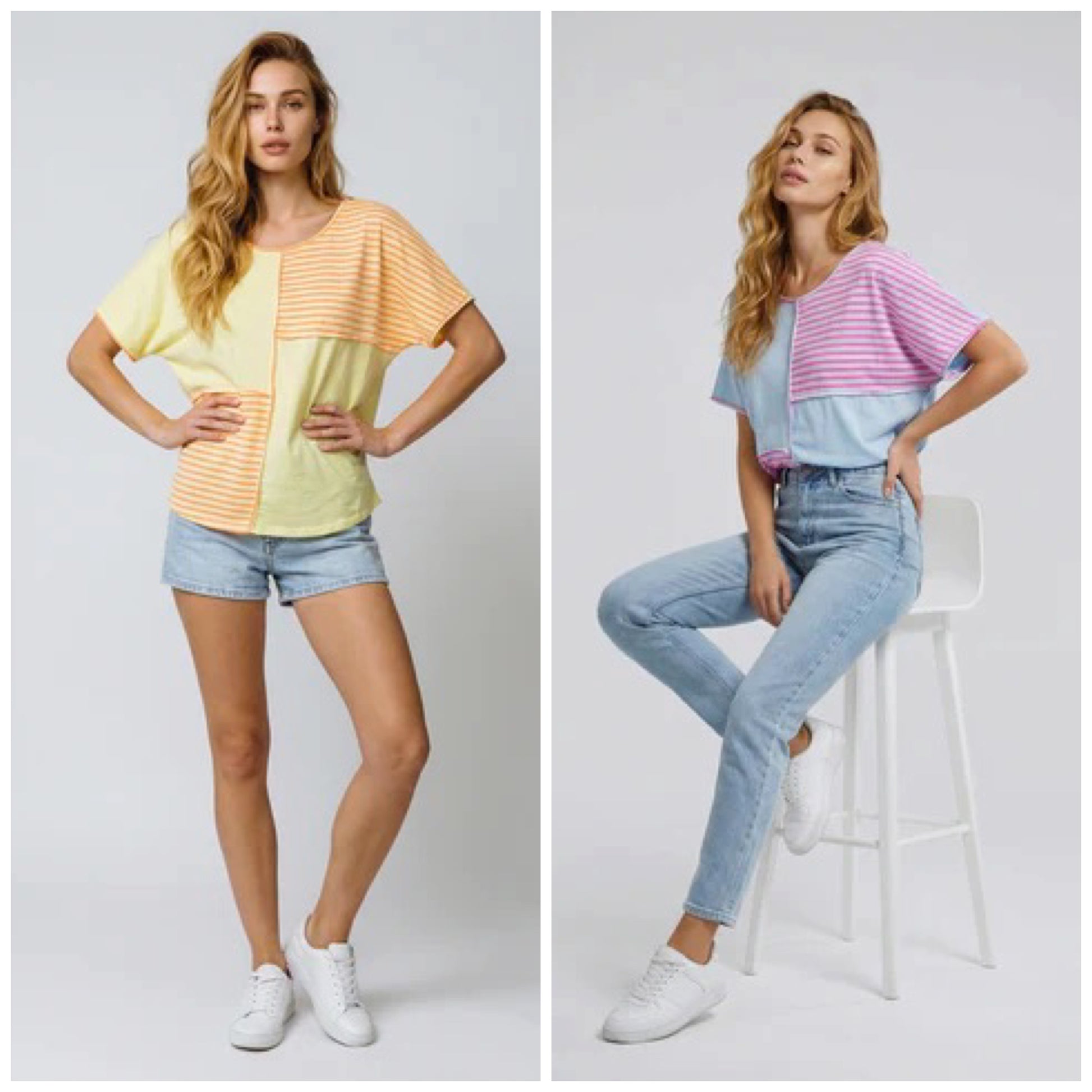 Two images of a woman wearing colorful striped t-shirts with different outfits.