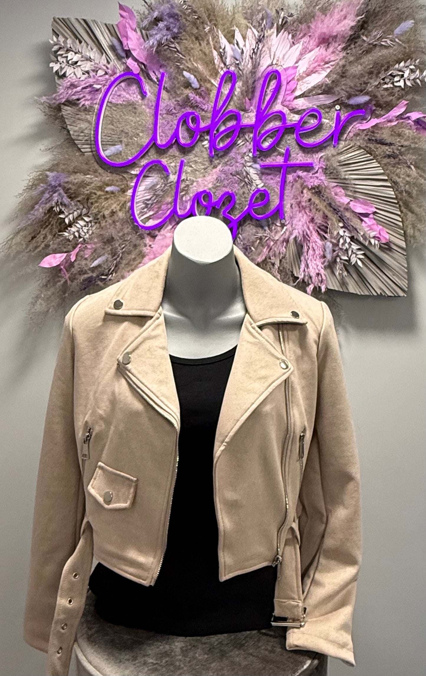 Suede Look Pocket and Belt Biker Jacket in Beige on a mannequin. 