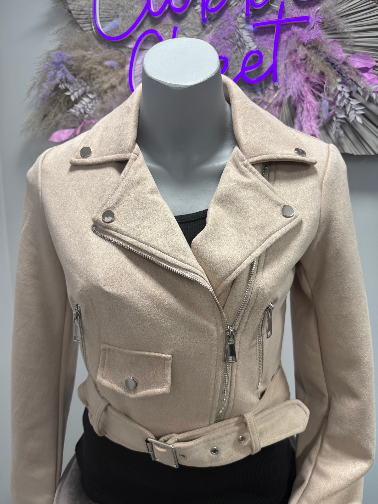 Suede Look Pocket and Belt Biker Jacket in Beige on a mannequin 