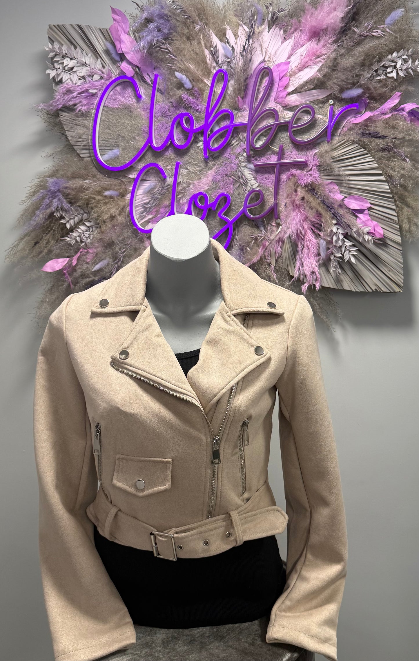 Suede Look Pocket and Belt Biker Jacket in Beige on a mannequin 