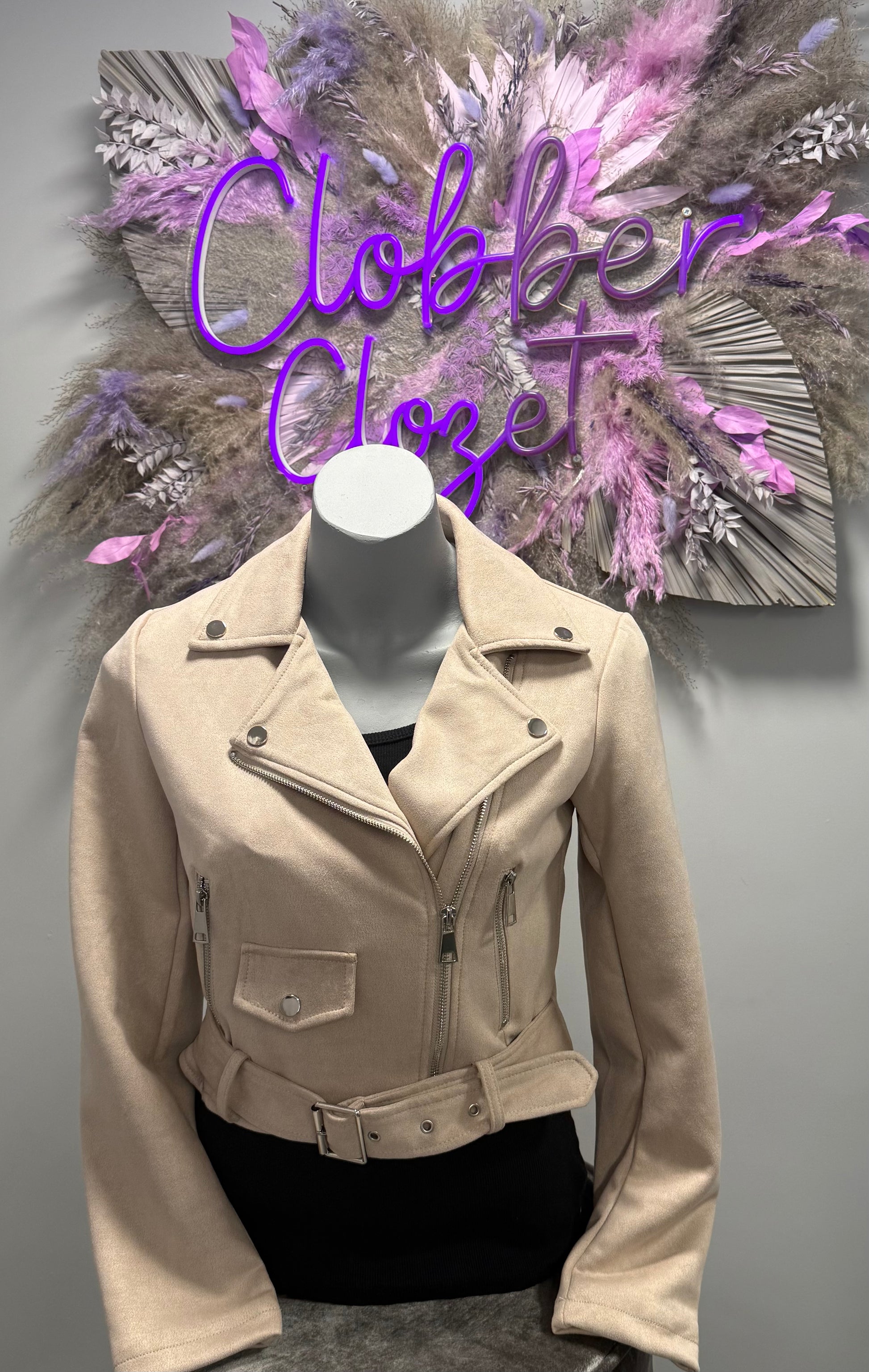 Suede Look Pocket and Belt Biker Jacket in Beige on a mannequin 