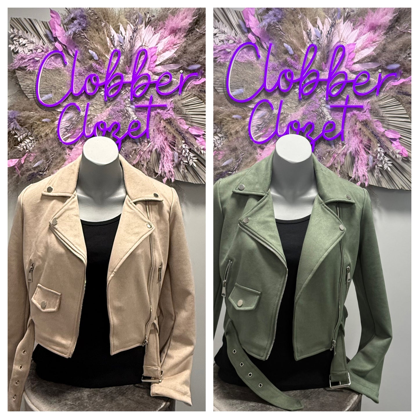 Two biker jackets displayed on mannequins, one in beige and one in green, with the brand name 'Clobber Clozet' above.