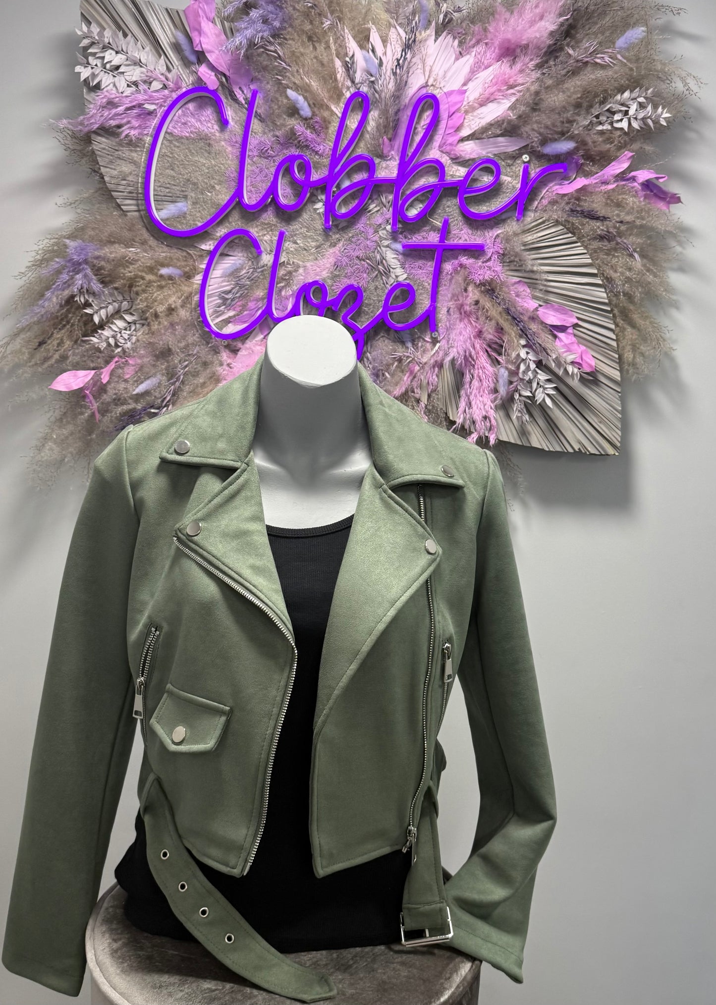Suede Look Pocket and Belt Biker Jacket in Khaki on a mannequin 