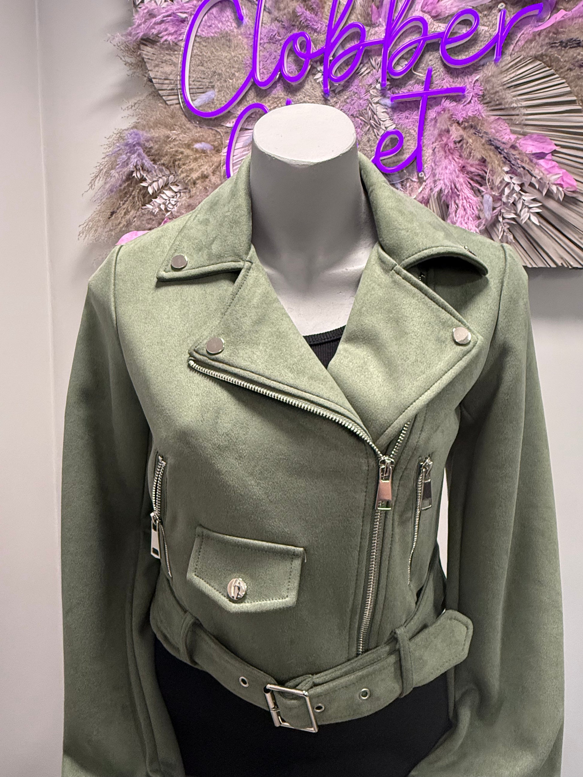 Suede Look Pocket and Belt Biker Jacket in khaki on a mannequin 