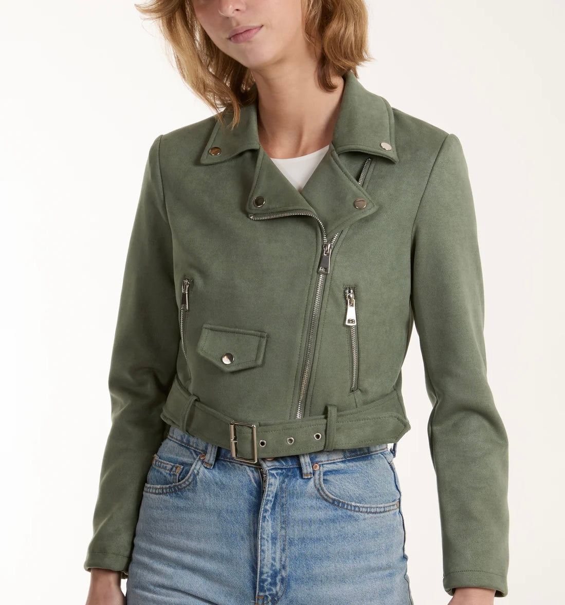 Woman in Suede Look Pocket and Belt Biker Jacket in khaki