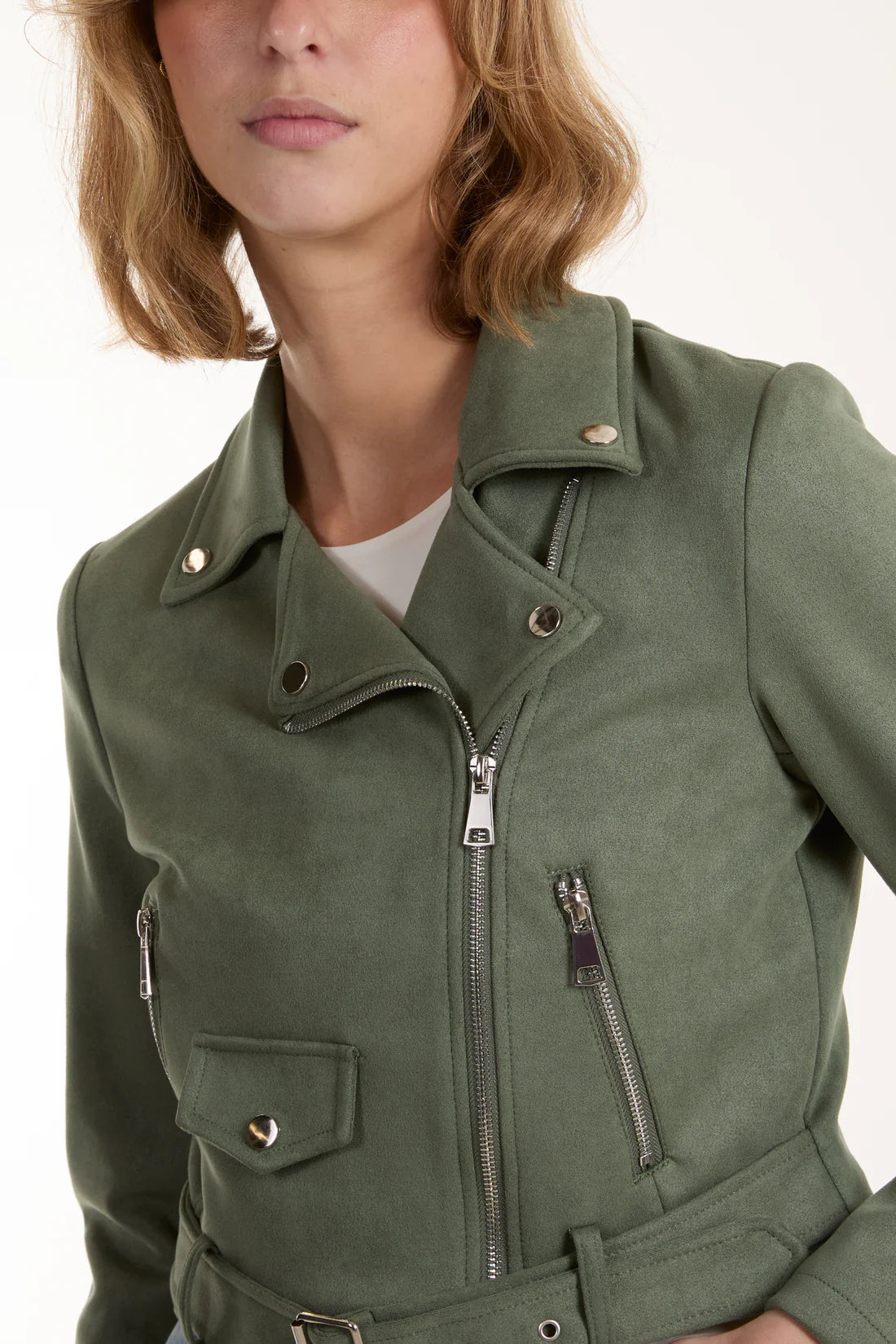 Woman in Suede Look Pocket and Belt Biker Jacket in khaki
