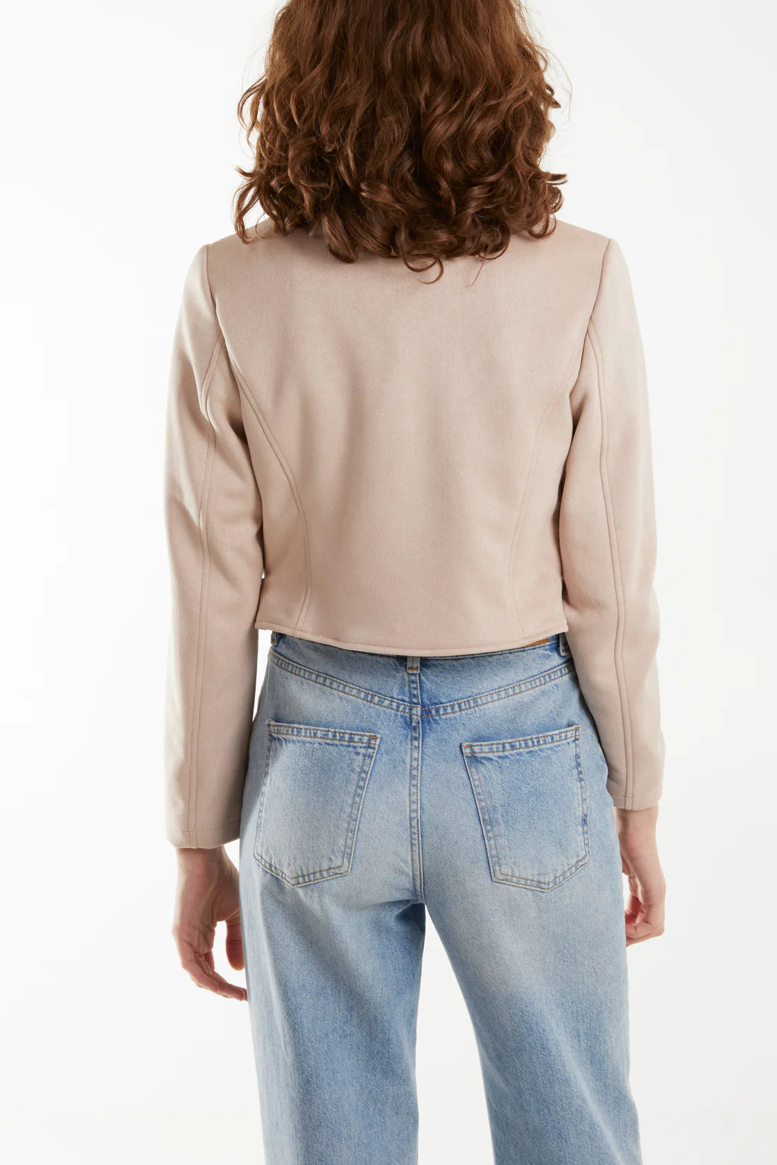Back view of woman in Suede Look Pocket and Belt Biker Jacket in khaki