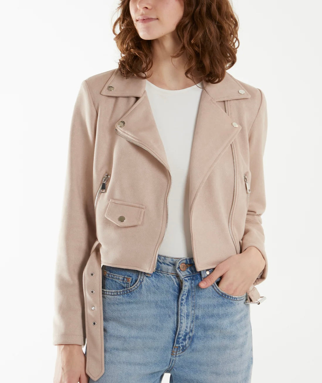 Woman in auede Look Pocket and Belt Biker Jacket in beige 
