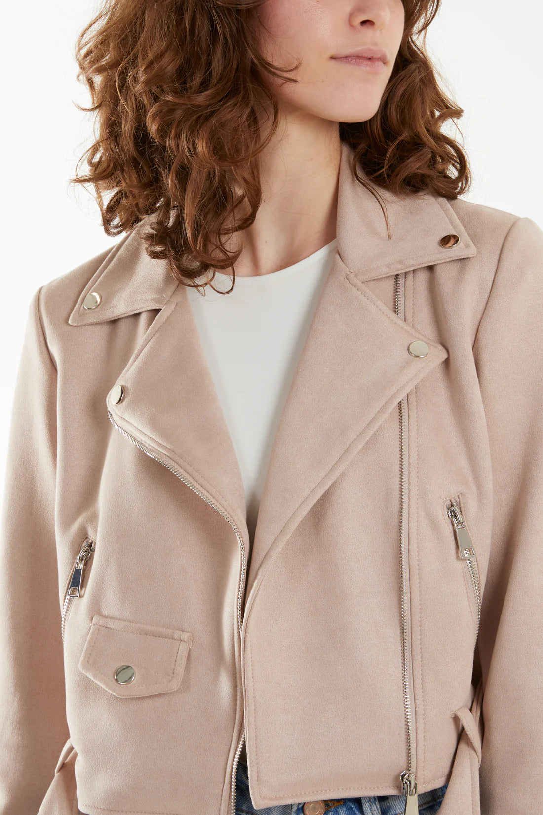 Woman inSuede Look Pocket and Belt Biker Jacket in stone