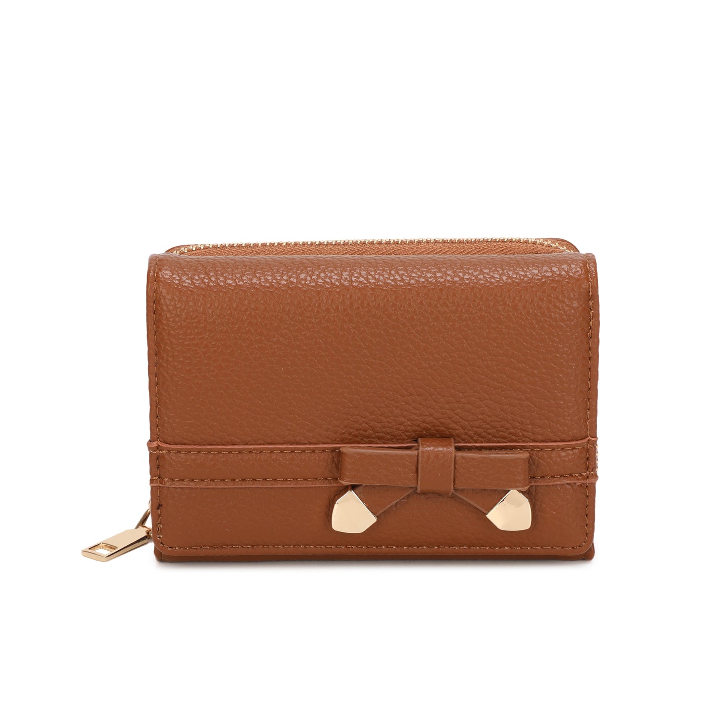 Tan Brown Bow Detail Purse with gold accents on a white background