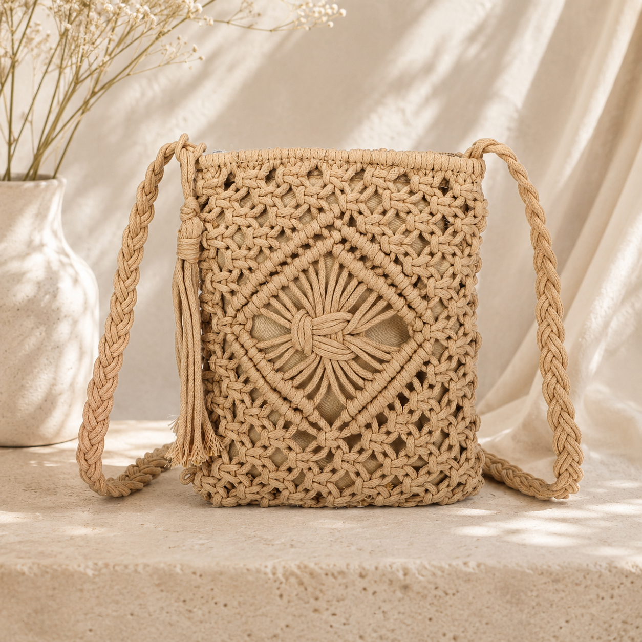 Woven beige handbag on a neutral background