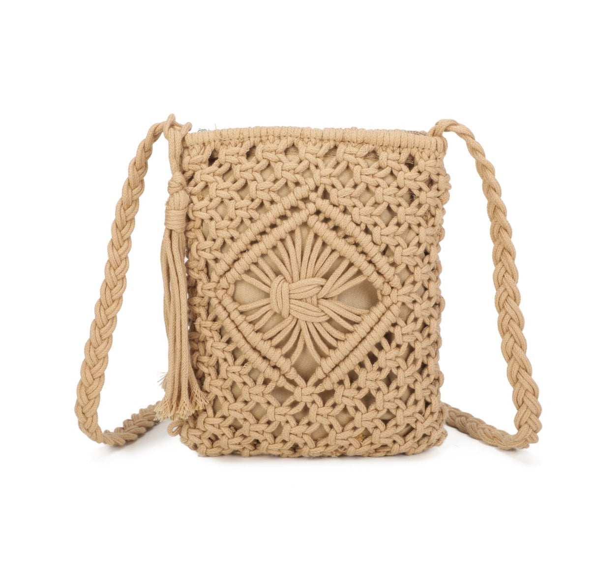 Beige woven handbag with a diamond pattern on a white background