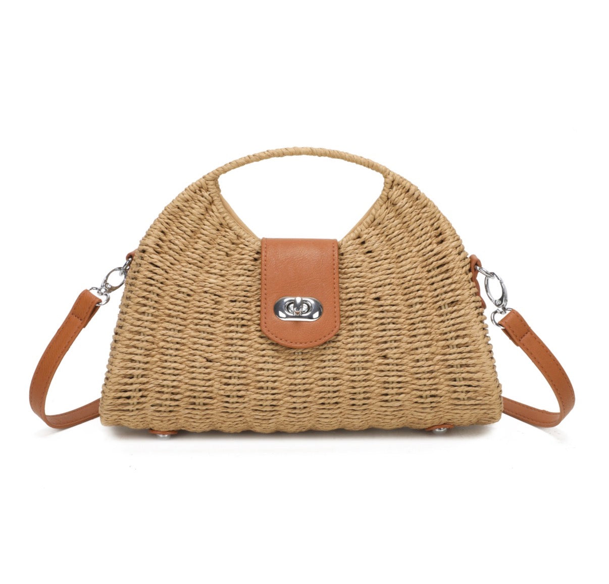 Woven handbag with brown leather accents on a white background
