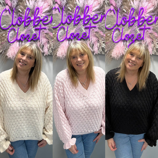 Three women modeling the same chunky knit V-neck sweater in three colorways: cream, light pink, and black. The image is a triptych with the word 'Closet' written in purple script across the top, set against a decorative pink and gray wall backdrop.