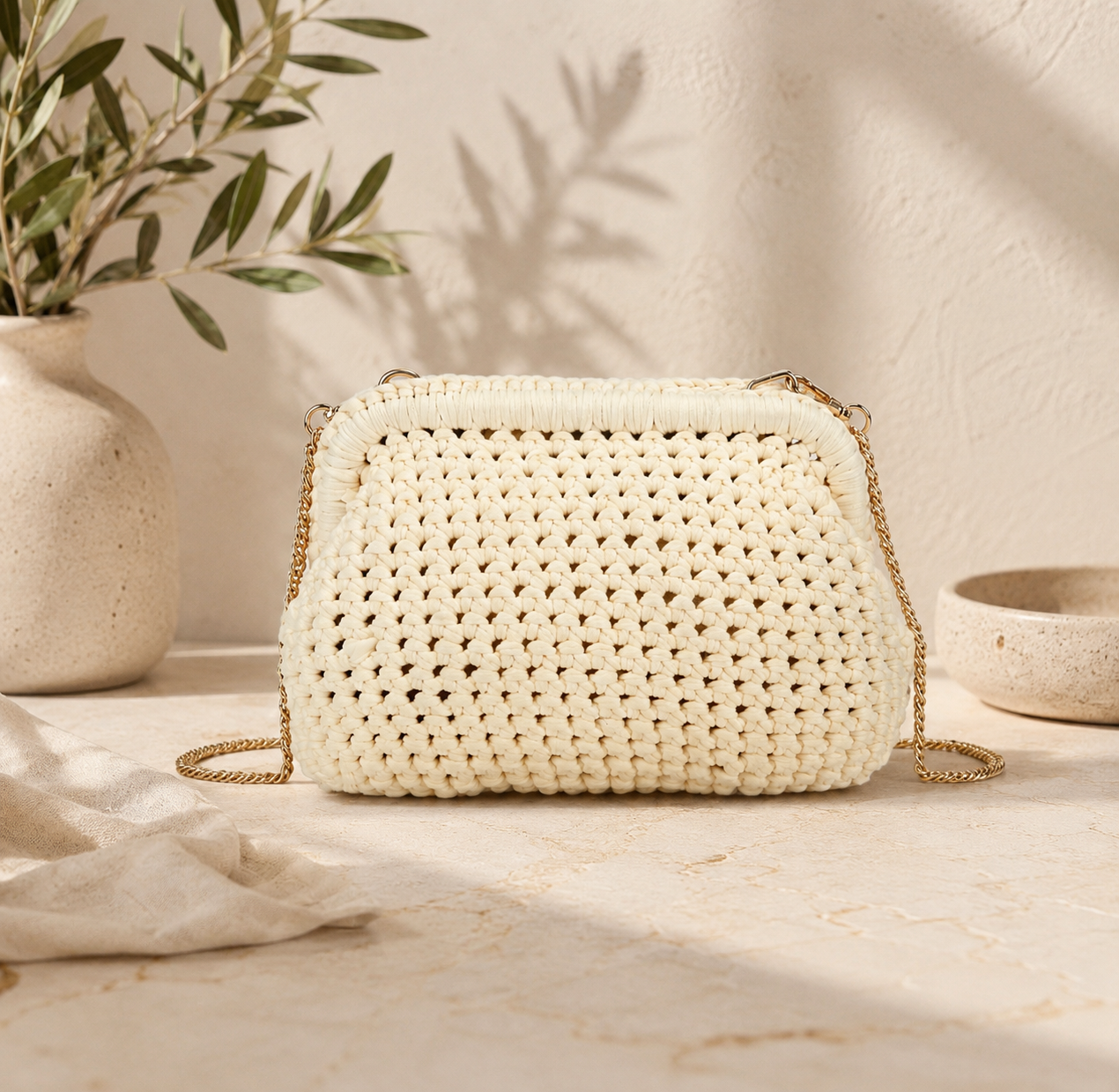 Woven handbag on a marble surface with a neutral background