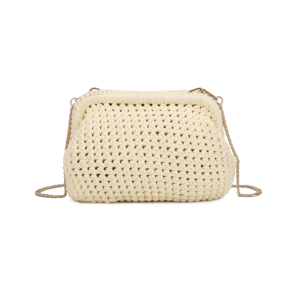 Cream-colored woven handbag with a chain strap on a white background
