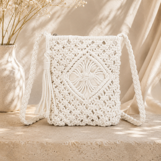 White crochet bag on a wooden surface with a neutral background