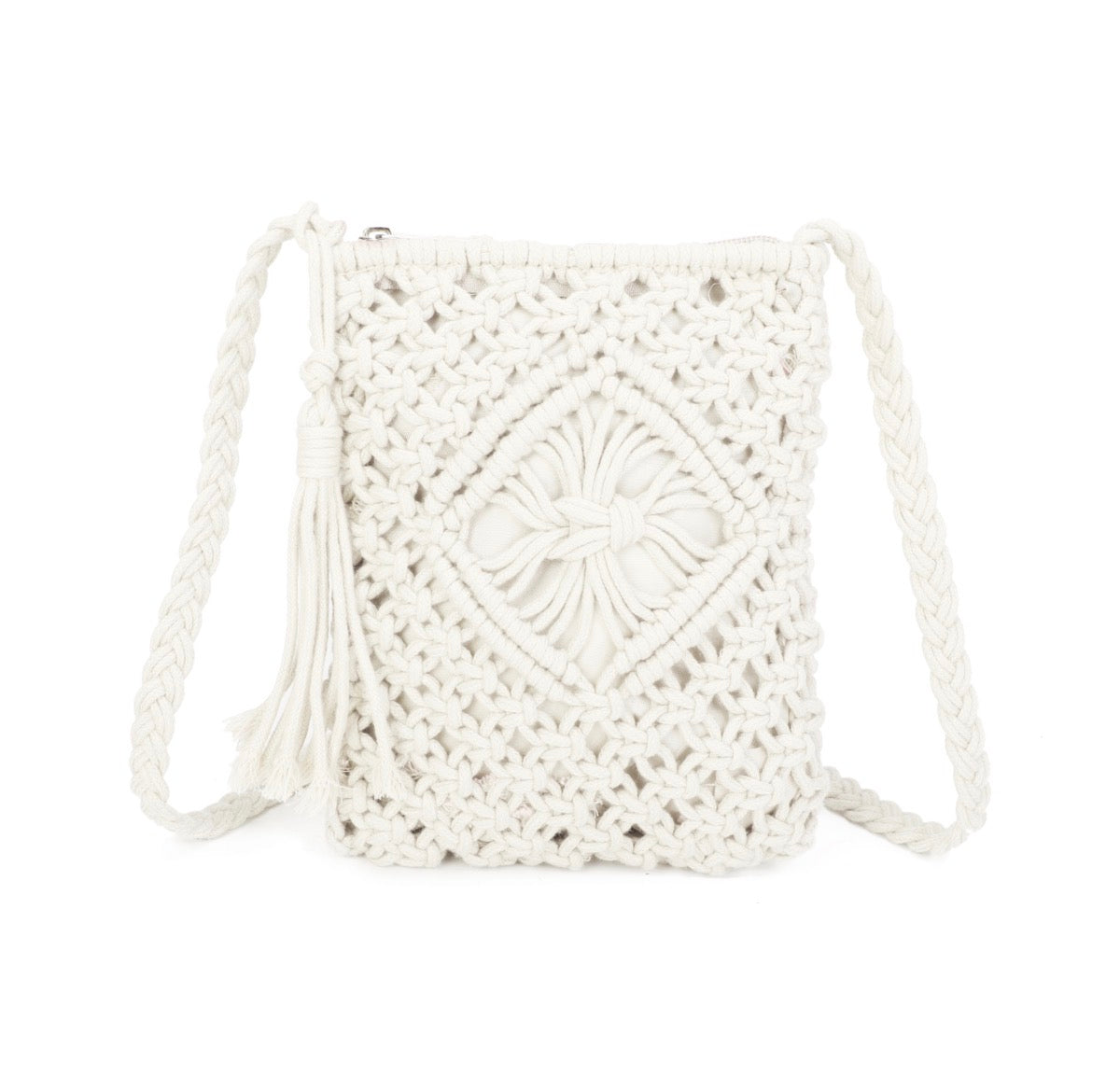 White crochet crossbody bag on a white background