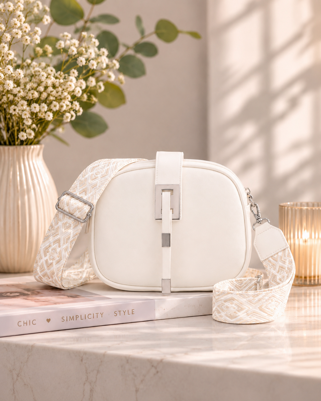 White handbag on a table with flowers and candles in the background