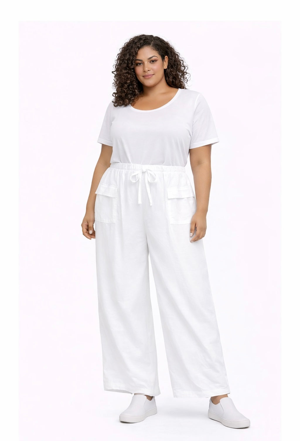 Woman wearing White Plus Size Lightweight Wide Leg Cargo Trousers with Pockets outfit on a white background