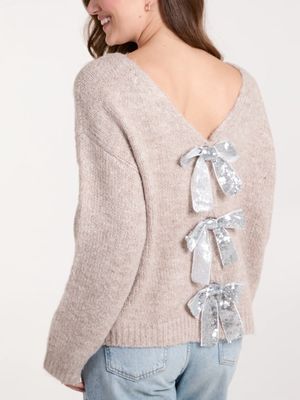 Libby - Silver Sequin Bow 2 In 1 Jumper/Cardigan - Camel