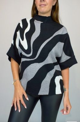 Woman Wearing Grey, Black and White High Neck Contrast Swirl Light Knit Jumper