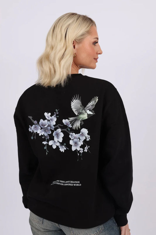 Daija - Exotic Flower and Bird Design Sweatshirt - Black