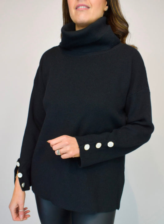 Woman wearing Button Cuff Oversize Roll Neck Black Jumper