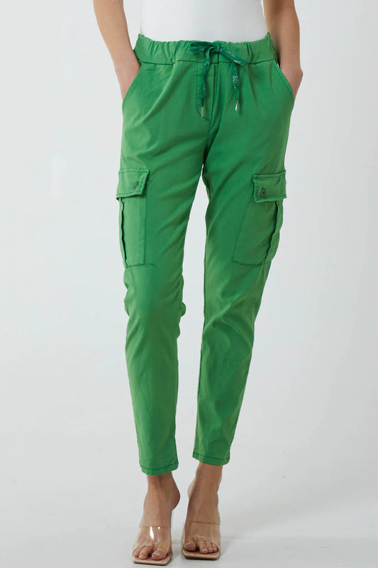 Woman wearing Jade Green Magic Cargo Trousers