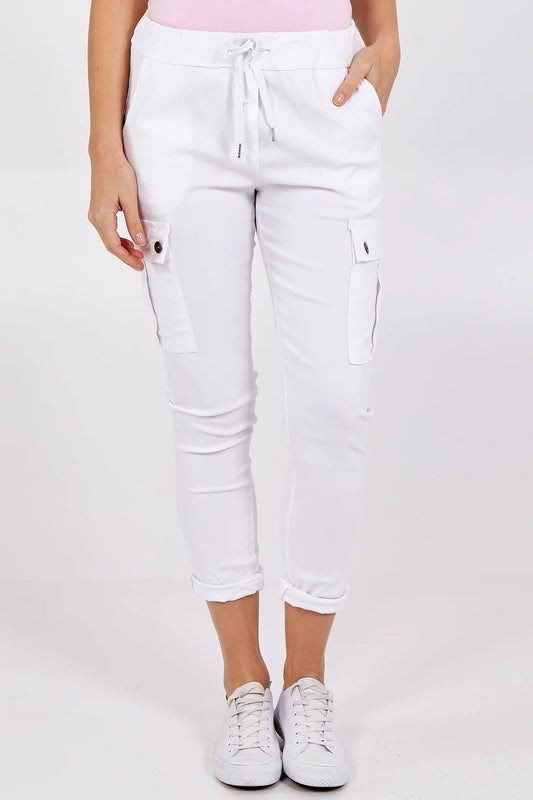 Woman wearing White Magic Cargo Trousers