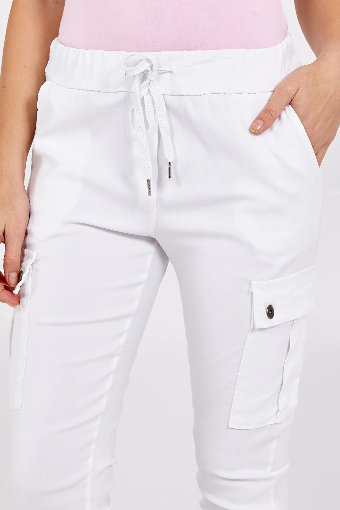 Woman wearing White Magic Cargo Trousers