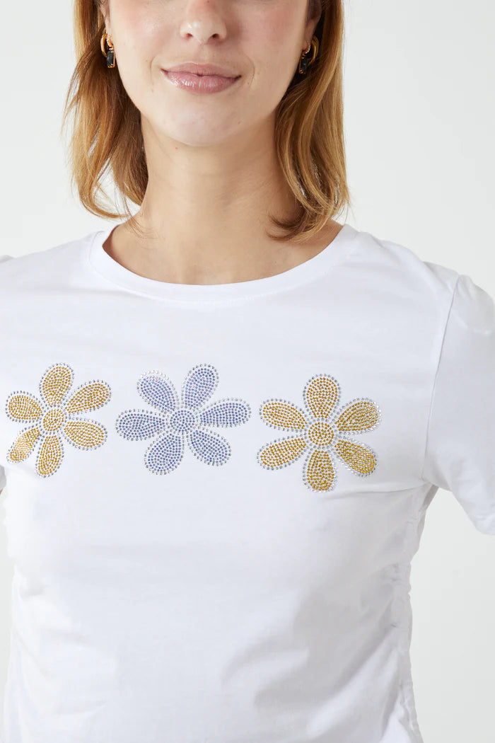 Danika White Side Tie Diamante Flower Crop Top