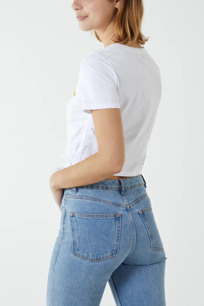 Danika White Side Tie Diamante Flower Crop Top