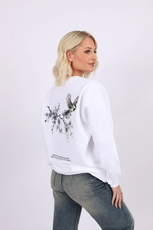 Daija - Exotic Flower and Bird Design Sweatshirt - White