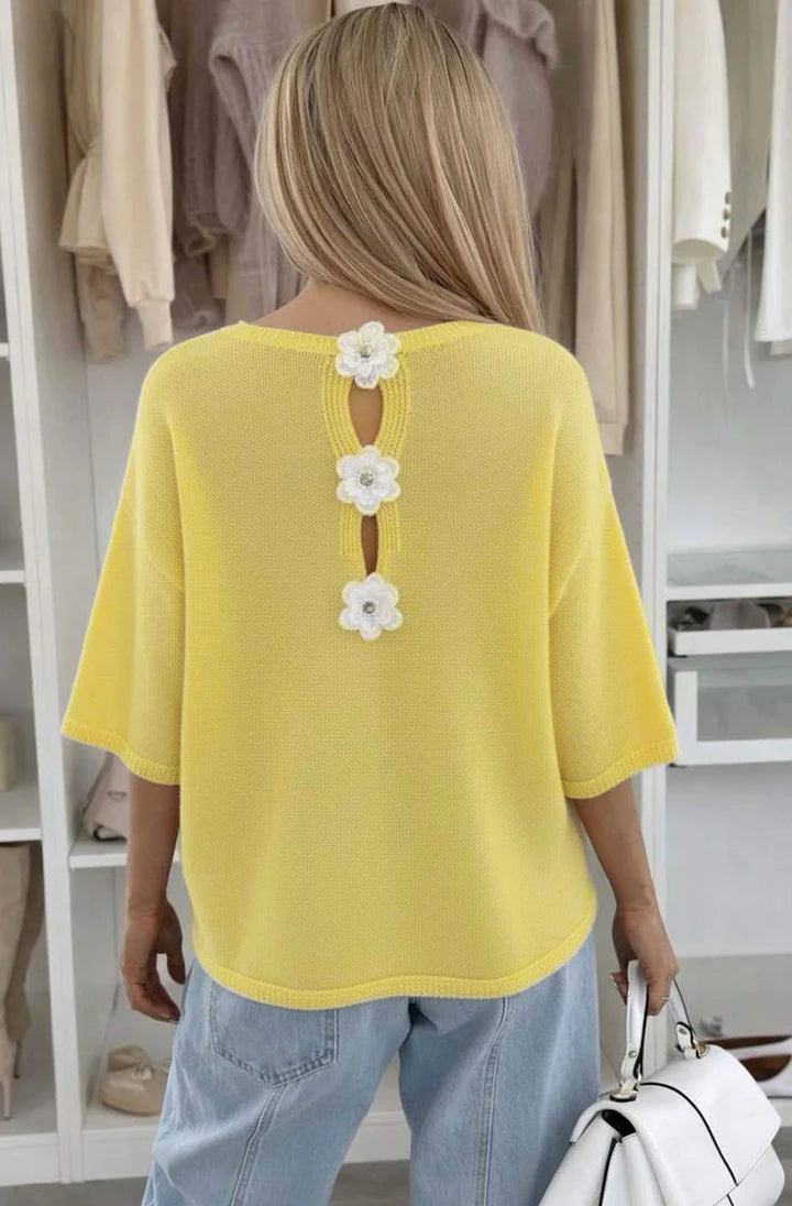 Woman wearing a yellow Floral Appliqué Lightweight Open-Knit Fabric Knitted Jumper in front of an open wardrobe 