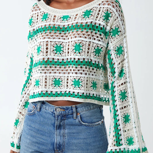 Green and White Crochet Top with Flare Sleeves