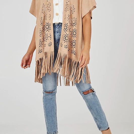 Madison - Suede Look Floral Cut Out Fringe Cardigan - Beige