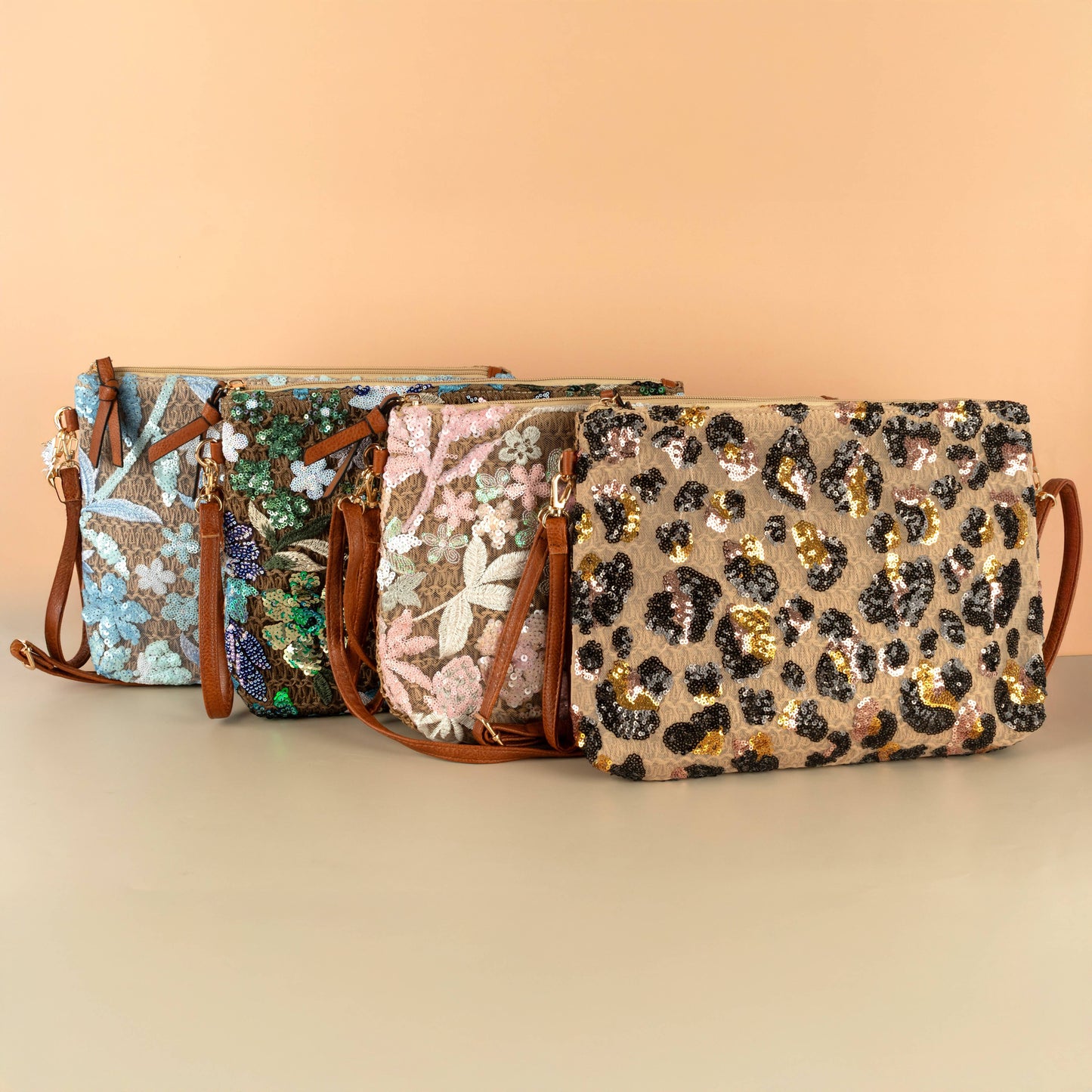 Textured Straw Clutch with Shimmering Leopard Sequins