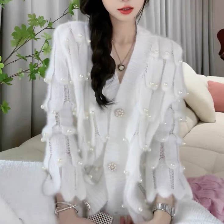 White Mermaid themed cardigan with pearls detail: